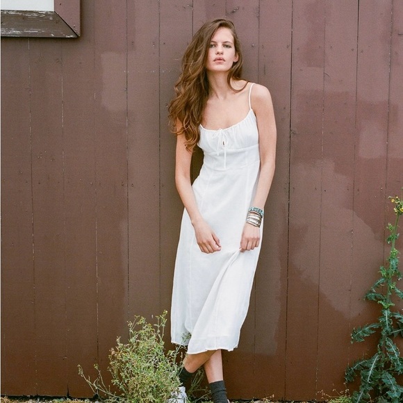 URBAN OUTFITTERS White Tie-Front Spaghetti Strap Midi High-Waist Slip Dress Sz L - Picture 3 of 16